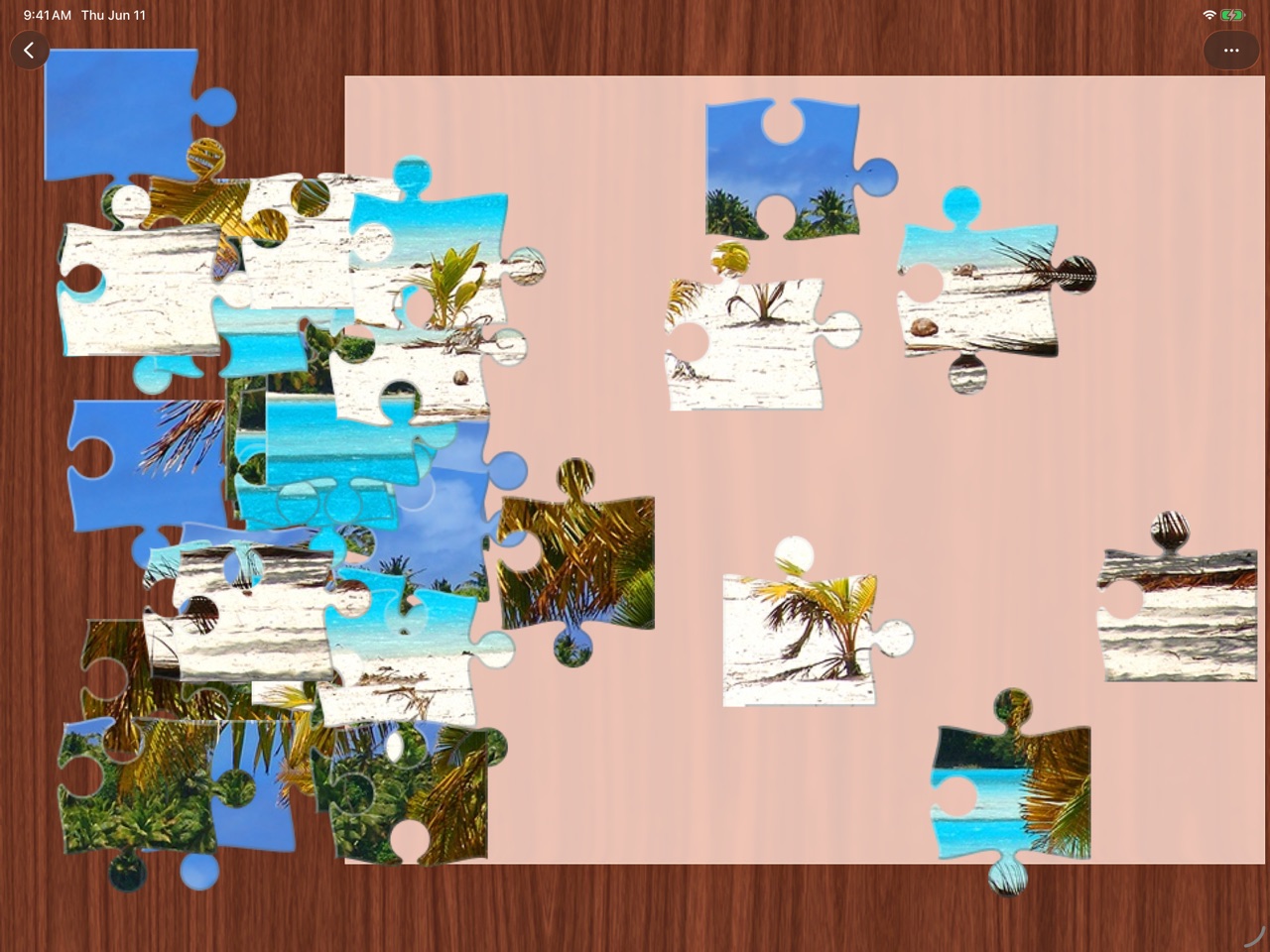 A 36-piece jigsaw puzzle of a tropical beach in progress on iPad